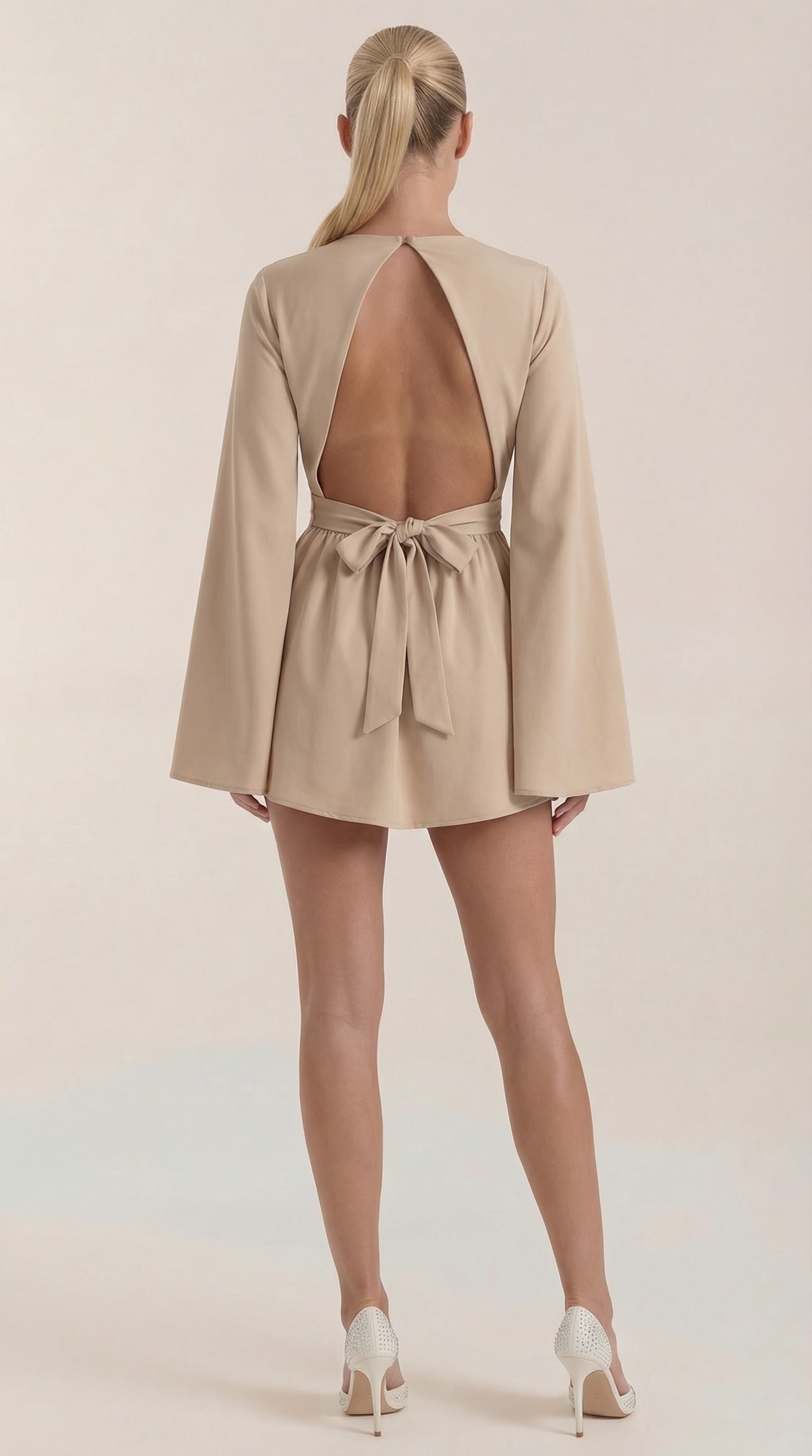 Serena Women's Flowy Bell Sleeve Tie Waist Mini Dress