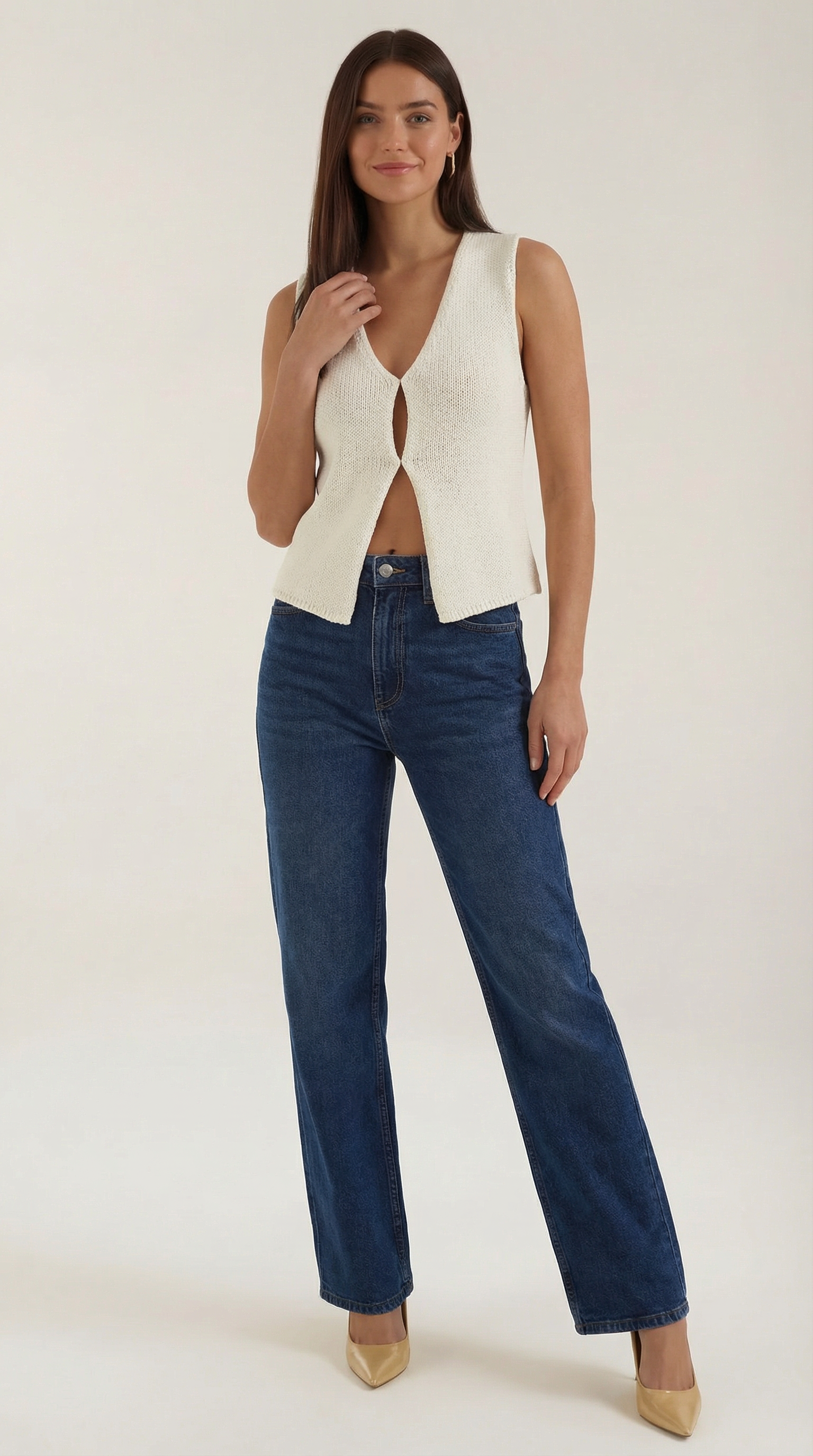 Sharon Women's V-Neck Cut-Out Knitted Vest Top - White