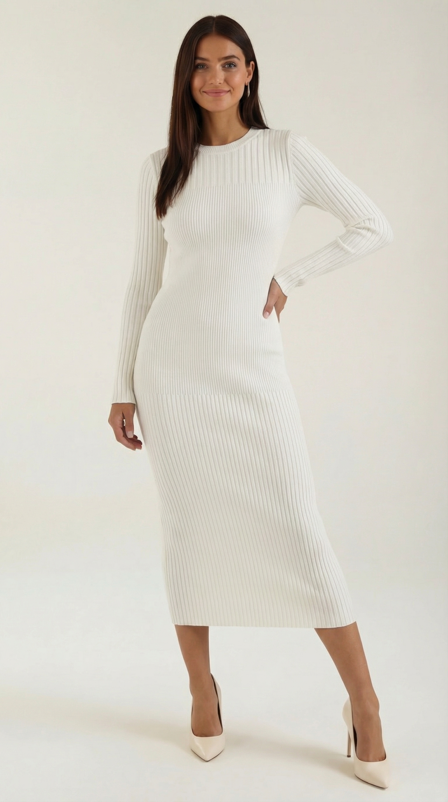 Sheila Women's Crew Neck Ribbed Bodycon Midi Dress - White