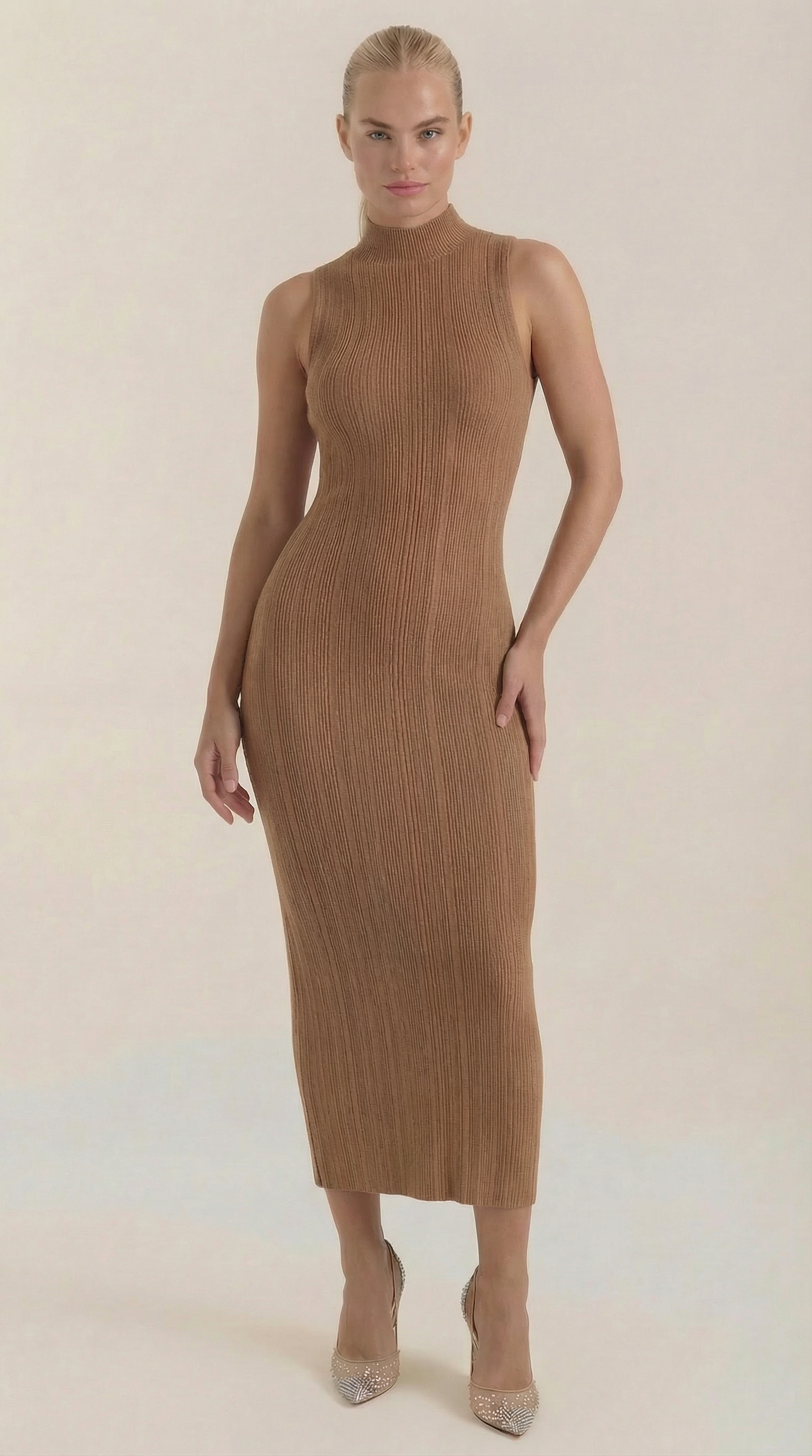 Sonia Women's Ribbed Mock Neck Bodycon Maxi Dress - Camel