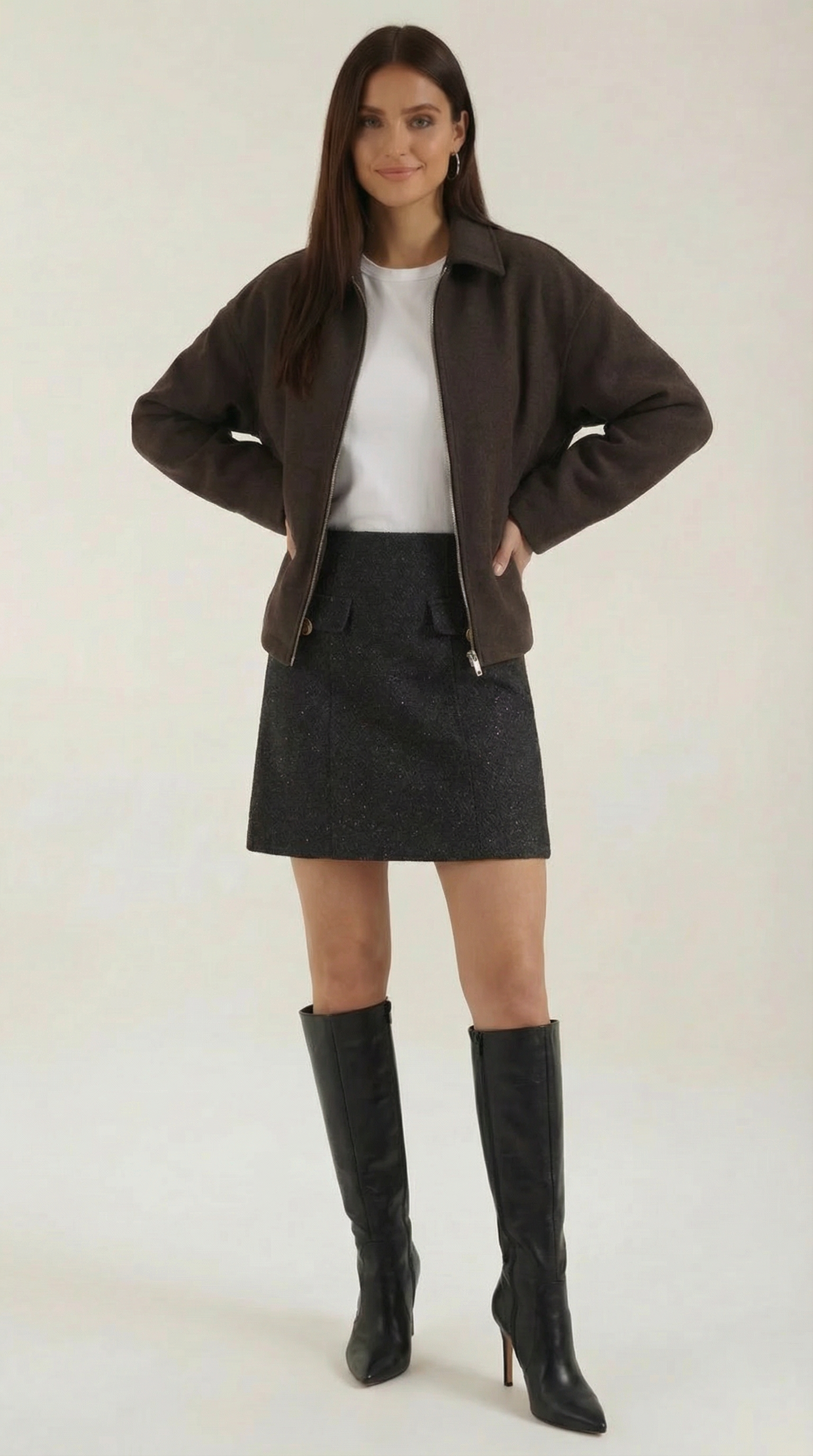 Teresa Women's Zip-Up Collared Jacket with Pockets - Brown