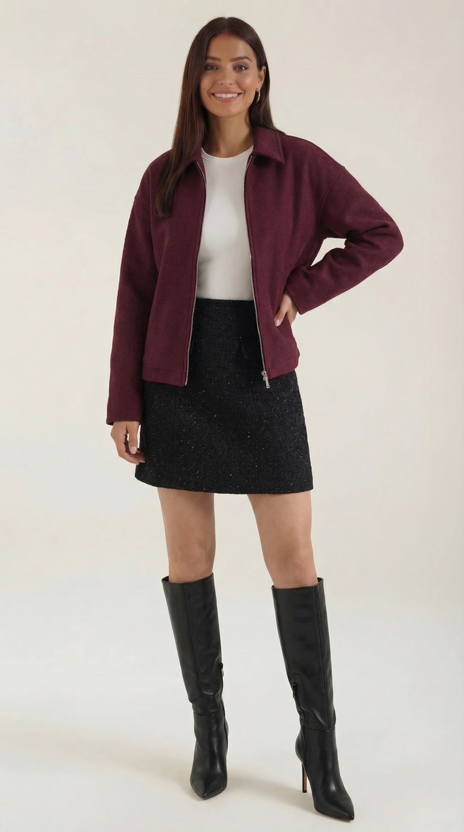 Teresa Women's Zip-Up Collared Jacket with Pockets - Burgundy
