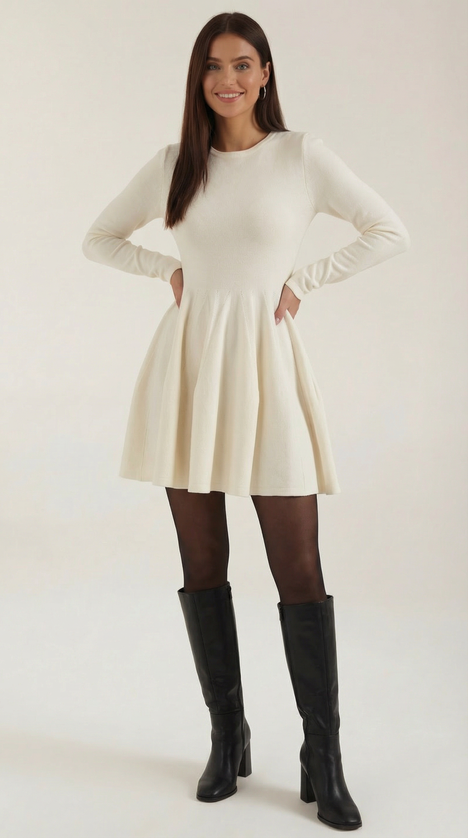 Tiffany Women's Pleated Long Sleeve Flare Mini Dress - Cream