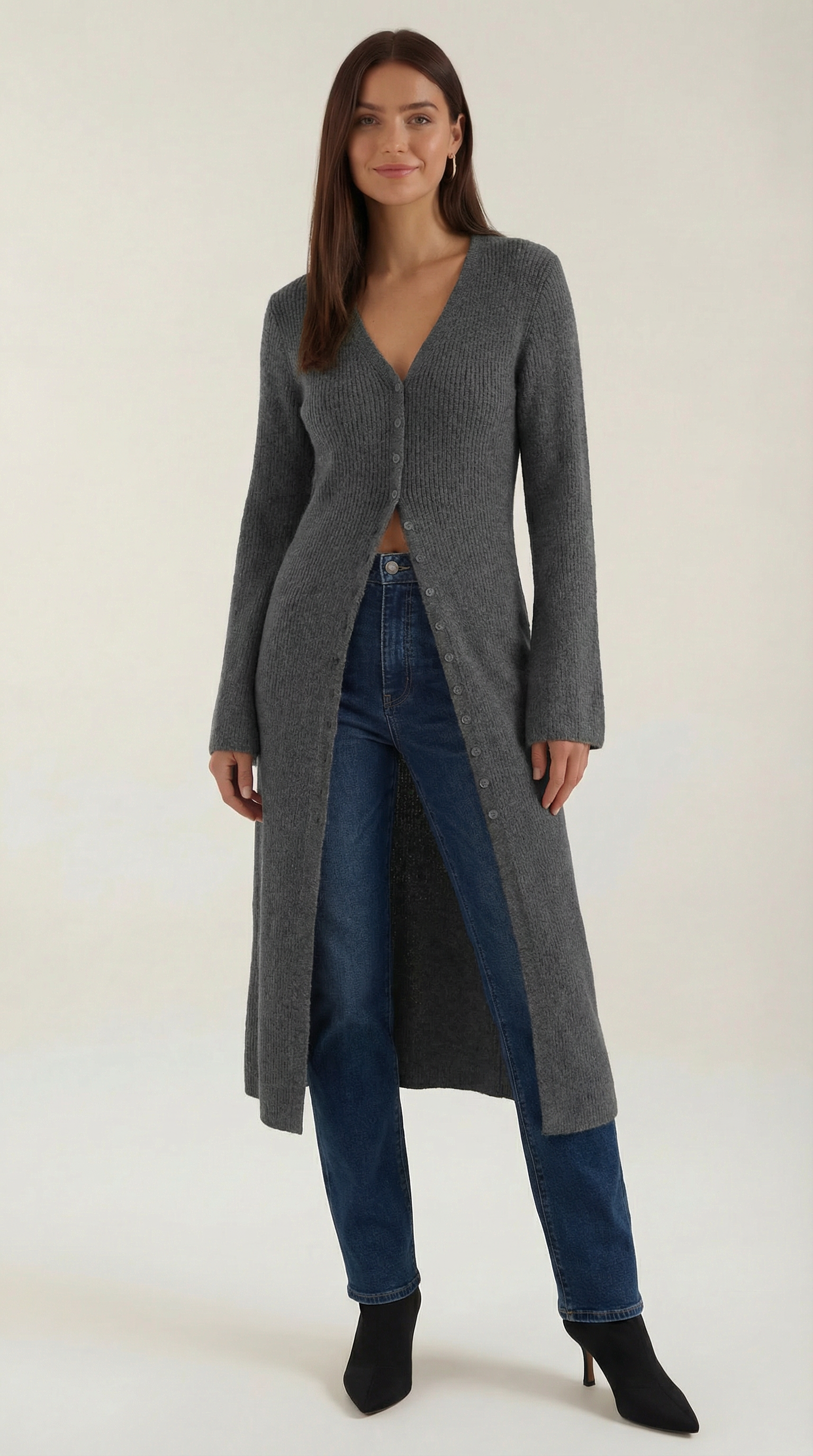 Valerie Women's Longline Ribbed V-Neck Maxi Cardigan - Grey
