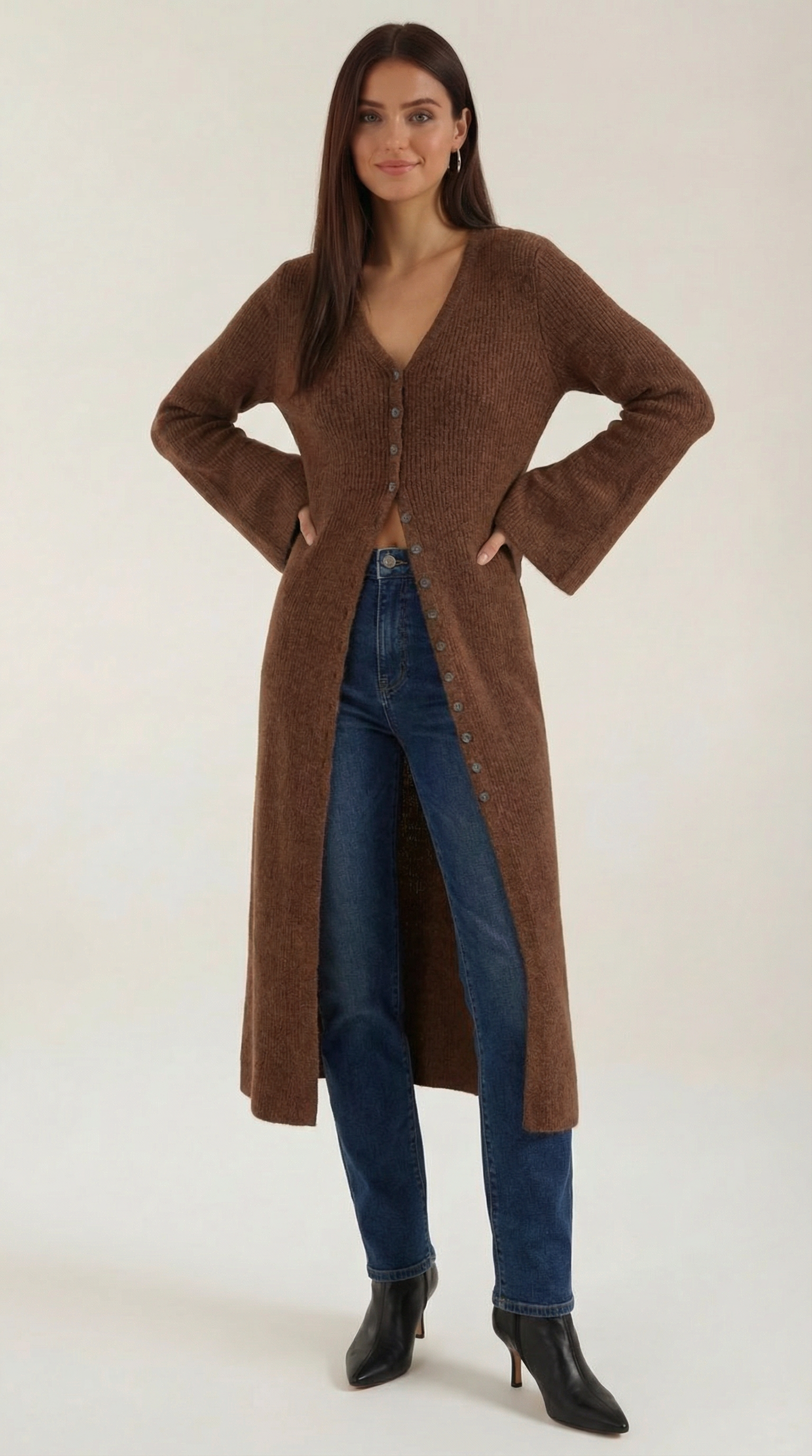 Valerie Women's Longline Ribbed V-Neck Maxi Cardigan - Brown