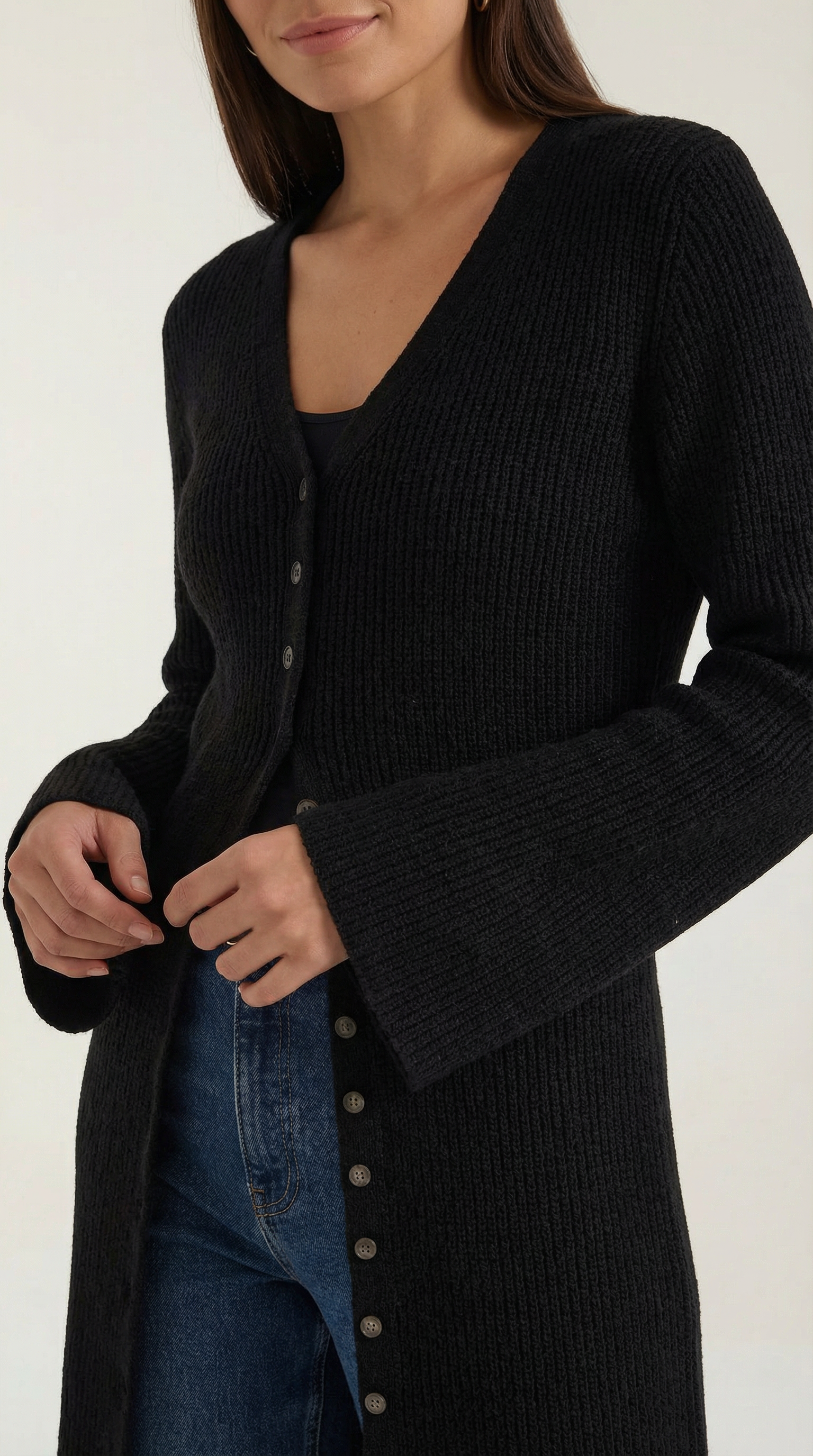 Valerie Women's Longline Ribbed V-Neck Maxi Cardigan