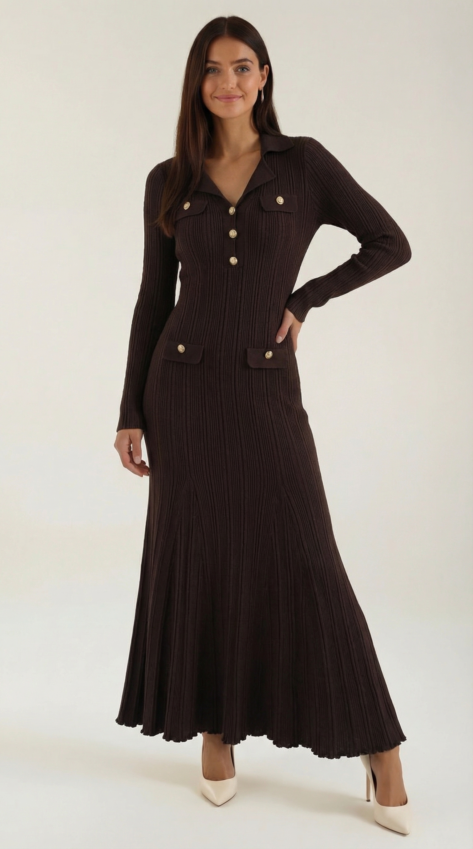 Veronica Women's Ribbed Knit Gold Button Maxi Dress - Coffee