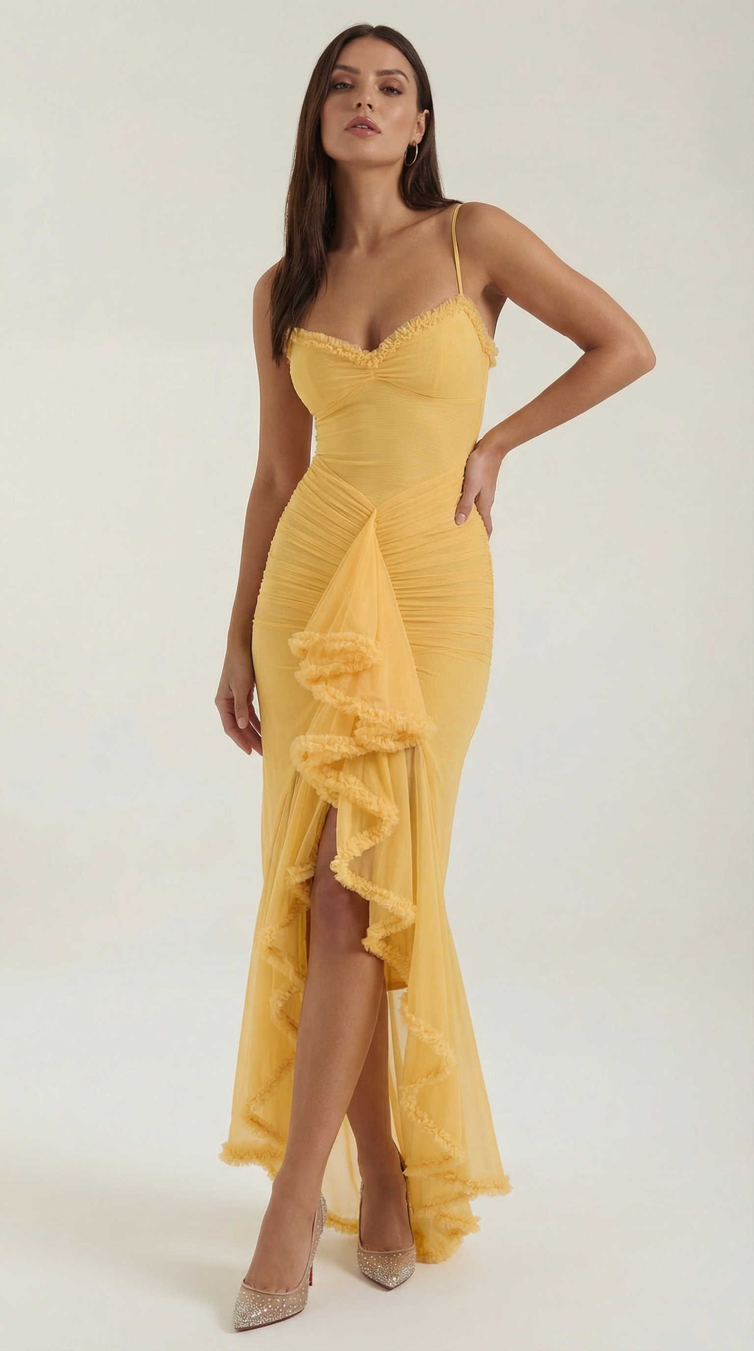 Wisteria Women's Sweetheart Ruffle Trim Maxi Gown - Yellow