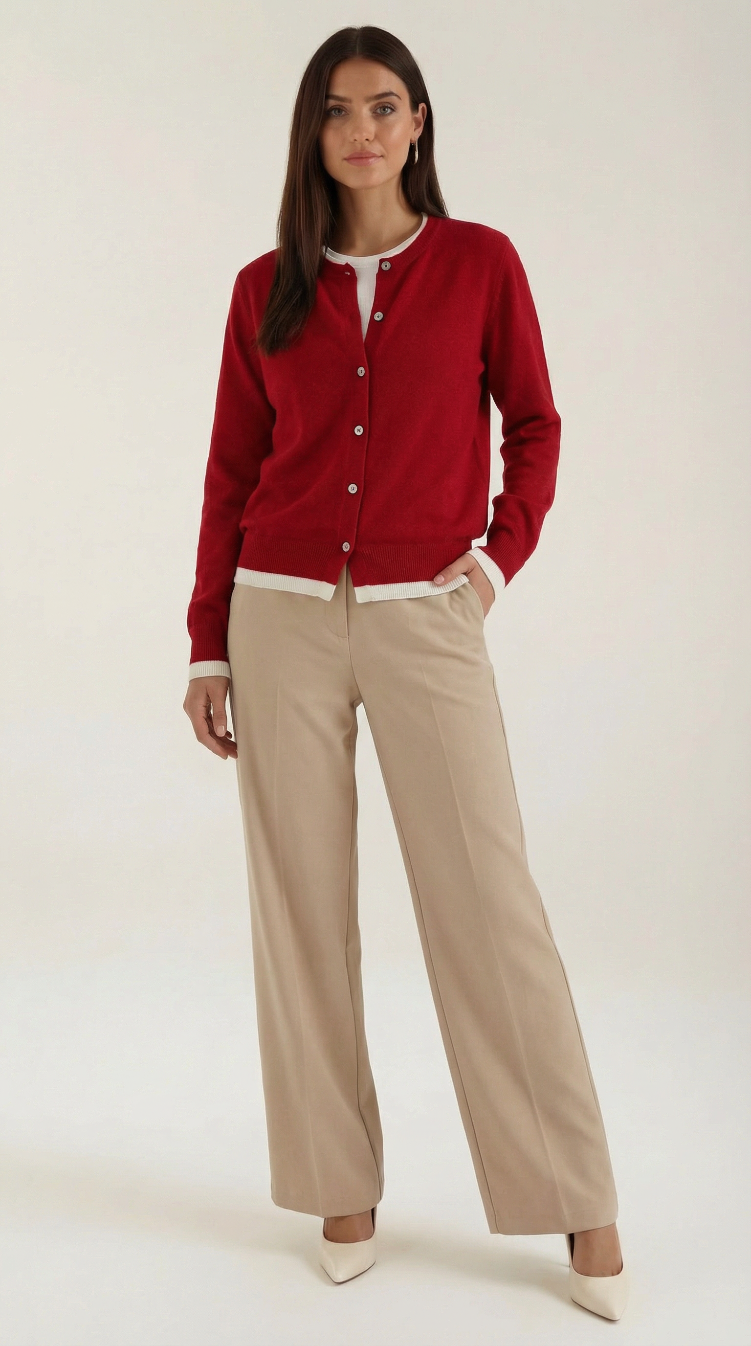 Wynona Women's Contrast Trim Button-Up Knit Cardigan - Red